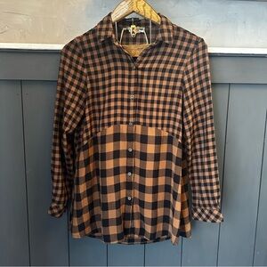 BeachLunchLounge Collection Gingham Plaid Button Up Tunic Top Brown Black sz S